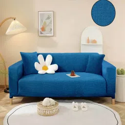 cortina Blue Solid Jacquard 2 Seater Stretchable Sofa Cover image 1