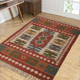 baithak krafts Multicolor Wool & Jute Traditional 108 x 72 Inches Hand Woven Dhurries image 1