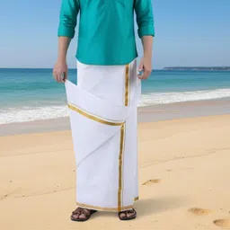 GUGOLIYA Premium quality Men's White Golden Jari cotton SINGLE OPEN Dhoti Solid Men Dhoti image 5