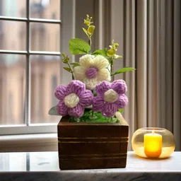 Akaar Decor's Handmade Crochet Flower Pot with Wooden Base Purple Daisy Artificial Flower with Pot image 5