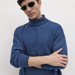 Men Self Design Turtle Neck Blue Sweater-image-37