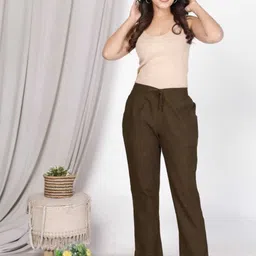 Women Regular Fit Brown Cotton Blend Trousers-image-0