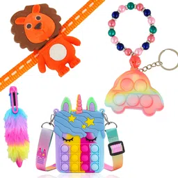 Kids (Pack of 4)2 Kids Rakhi + 1 Multicolor Fur Pen+ 1 Beautiful Unicorn Pop-it Purse Mauli Thread Rakhi, Pen Set-image-1