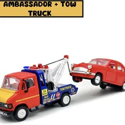 woozee TUF TOW CRANE TRUCK+AMBASSADOR CAR MINIATURE TOY||PULL BACK ACTION|| ABS PLASTIC image 1
