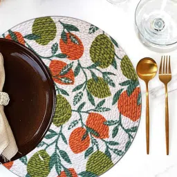 ANA Leaf Print Cotton Round Reversible Kitchen Placemats Heat Resistant Easily Washable Table Mats for Home Decor Set of 4 Pieces, 13x13 Inches - Green & Rust image 1