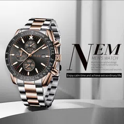 alix Business fashion Chronograph Stainless Steel Strap Luminous waterproof Quartz Analog Watch - For Men 2615 Silver Rose Gold Black image 2