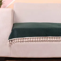 stitchnest Green Solid Velvet 2 Seater Quilted Sofa Cover (Protector) with Tassel image 2