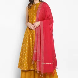 Janasya Women Mustard Yellow Printed Kurta with Palazzos & Dupatta image 1