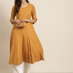 YASH GALLERY Women Mustard Yellow & Golden Cotton Ethnic Motifs Printed Anarkali Kurta-image-35