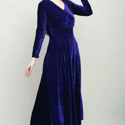 cheviout Women Fit and Flare Dark Blue Maxi/Full Length Dress image 3