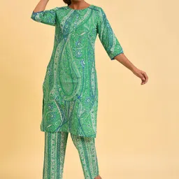 W Green & Blue Lace Insert Ethnic Motifs Printed Pure Cotton Kurta with Trousers-picture-28