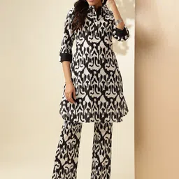 Anouk White Geometric Printed Pure Cotton Shirt Collar Tunic With Trousers-picture-15