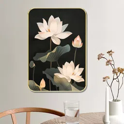 saf Elegant White Lotus Wall Decor | Floral Botanical Art with Dark Background image 2