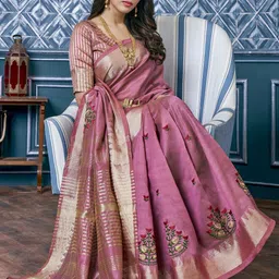 Mitera Burgundy & Gold-Toned Ethnic Motifs Embroidered Zari Saree image 2