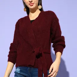STREET 9 Women Burgundy Ribbed Cardigan-image-17