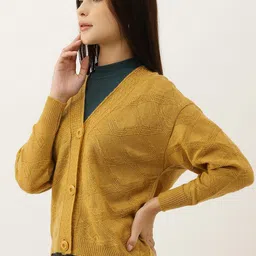 BROOWL Women Mustard Yellow Woollen Self-Design Cardigan image 5