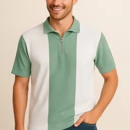 try this Men Checkered Zip Neck Cotton Blend White, Light Green T-Shirt image 4