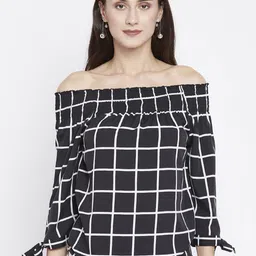 Zastraa Checked Off-Shoulder Bardot Top-picture-1