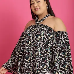 theRebelinme Women Plus Size Floral Printed Halter Neck Bardot Top image 3