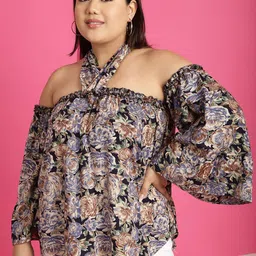 theRebelinme Plus Size Floral Printed Halter Neck Bardot Top image 3