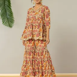 Yufta Printed Pure Cotton Peplum Top With Palazzos Co-Ords image 1