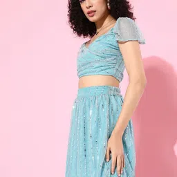 Sera Women Blue & Silver Sequinned Wrap Crop Top & Skirt-image-90