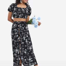 Tokyo Talkies Floral Printed Square Neck Puff Sleeves Crop Top With Skirt-picture-21