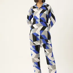Sleek Italia Geometric Printed Shirt Collar Tunic With Trouser image 1