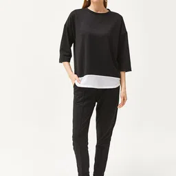 Olalook Colourblocked Round Neck Extended Sleeves Pure Cotton Casual T-Shirt With Trousers-image-14