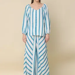 Zolo Label Striped Puffed Sleeves Top Wirh Palazzos-picture-13