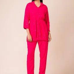 SARSO Embellished Spread Collar Sequined Detailed Shirt With Trousers & Waist Belt-picture-19