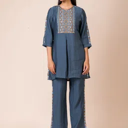 SARSO Geometric Embroidered Round Neck Thread Work DetailedCasual Tunic With Trousers-picture-35