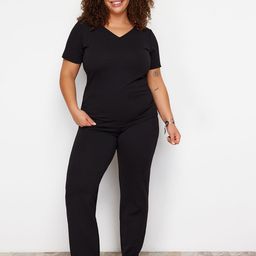 Trendyol Plus Size V-Neck T-shirt With Trousers Co-Ords-picture-21