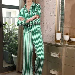 STREET 9 Green Striped Lapel Collar Night Suits-picture-18