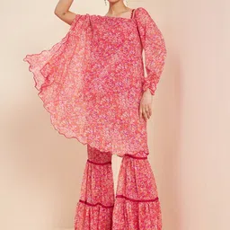 Antheaa Pink Floral Printed A-Line Kurta With Sharara-image-61