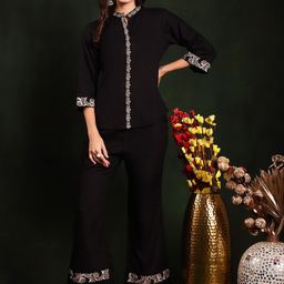 Claura Black Floral Embroidered Mandarin Collar Tunic With Trouser Co-Ords-picture-18