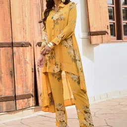 PALAK & MEHAK Floral Printed Shirt Collar Cuffed Sleeves Asymmetric Tunic With Palazzos-picture-32