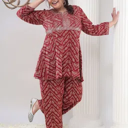 Bani Women Plus Size Bandhani Printed Mirror Work Round Neck Liva Kurti With Palazzos-picture-43