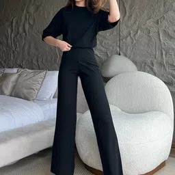 BIANCO LUCCI Ribbed Round Neck Extended Sleeves Longline Casual Top With Trousers-picture-13