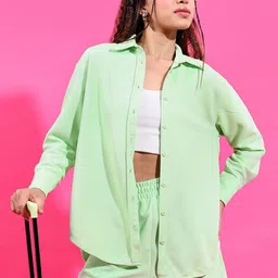 Tokyo Talkies Women Green Knitted Shirt With Shorts Set-image-99