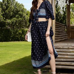 Sera Women Navy Blue Printed Top with Skirt-picture-21
