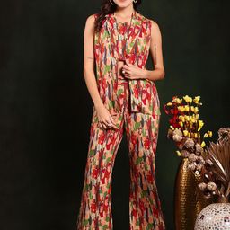 Claura Red Abstract Printed Round Neck Sleeveless Top With Trousers & Jacket-picture-0