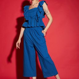 SASSAFRAS Blue Self Design Schiffli Pure Cotton Peplum Top With Palazzo-picture-28