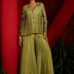 Shreeka Embroidered V-Neck Pleated Georgette Top And Jacket With Palazzo-image-21