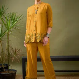 Shae by SASSAFRAS Mustard Yellow Embroidered Shirt With Palazzos Co-Ords-picture-39