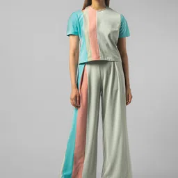 KOLORTHERAPI Colourblocked Round Neck Puff Sleeves Cut-Outs Top With Palazzos-image-0