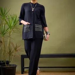 Shae by SASSAFRAS Black Embroidered Shirt With Palazzos Co-Ords-picture-49