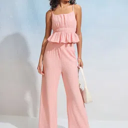 Tokyo Talkies Pink Striped Shoulder Strap Peplum Top With Trousers-image-65