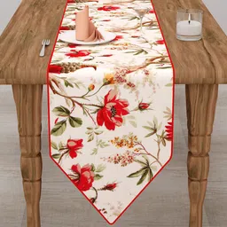 Clasiko White & Red Printed Pure Cotton Table Runner image 1