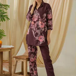 Ishin Printed Shirt Collar Linen Tunic With Trousers-picture-20